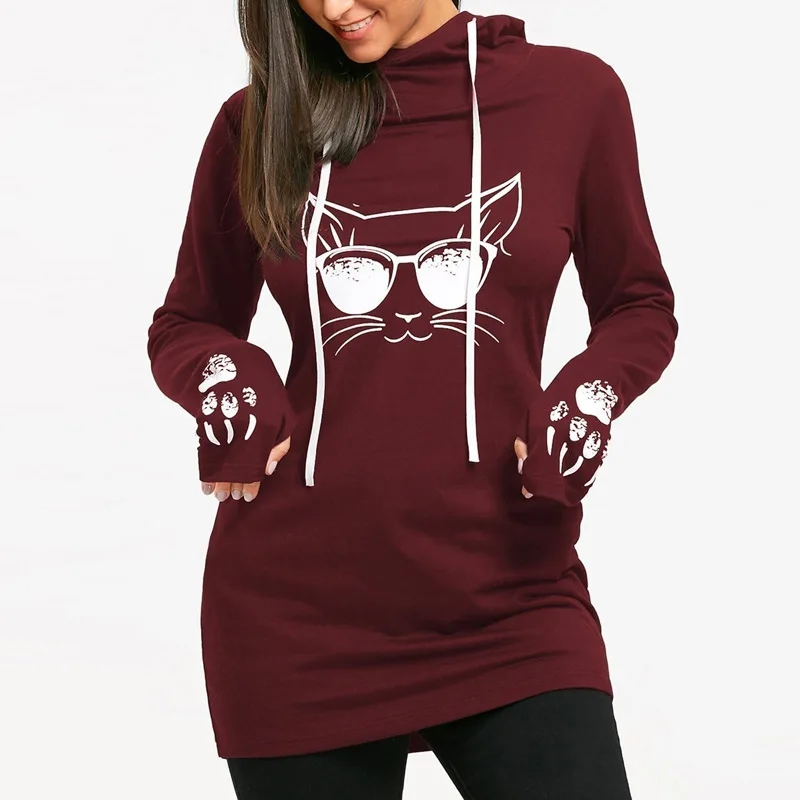 

Europe style autumn casual above knee mini dress fashion cartoon cats print hooded fashion comfortable female dress
