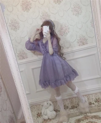 

women young Chiffon Lolita student Dress Ruffle SHORT long Sleeve High Waist Classical Princess Dresses Cosplay Costumes LolitE