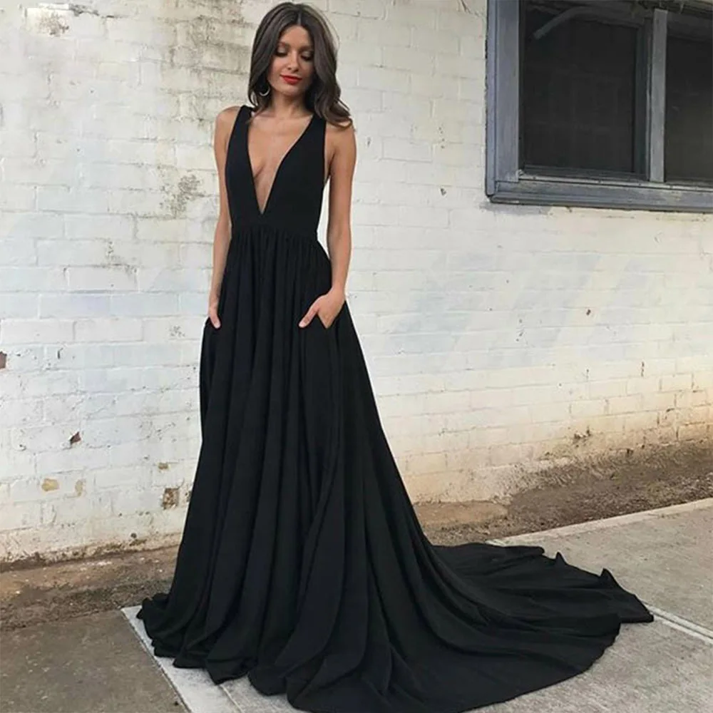 

Sexy Deep V Neck Long Prom Dresses with Pockets A Line Chiffon Court Train Open Back Black Women Prom Dress Gala Jurken