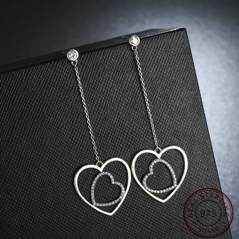 

LJ&OMR 925 Sterling Silver Earrings Bridal Jewelry Beads Long Heart Drop Earrings For Women Boucle d'oreille oorbellen Gifts