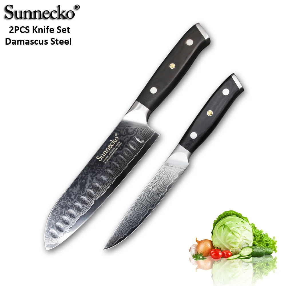 SUNNECKO 2 шт. нож из дамасской стали комплект Santoku универсальный нож для очистки овощей японский VG10 Core Шлифовальный G10 ручка шеф-повара нарезки лосося повара ножи - Цвет: 2pcs Knife Set A