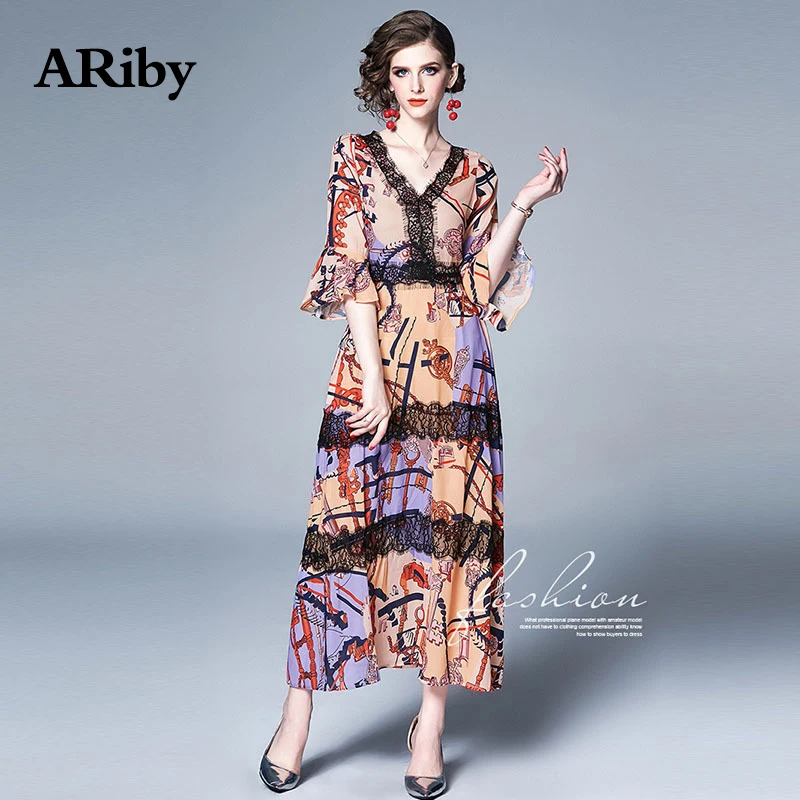 Women Dress Summer Long Maxi Dress 2019 Elegant Office Lady Lace Splice V-collar Printed Butterfly Sleeve Empire A-Line Dresses