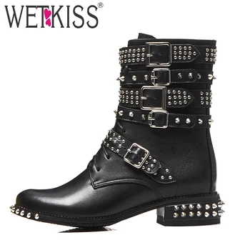 

WETKISS Rivet Thick Low Heels Women Ankle Boots Round Toe Lace Up Footwear Leather Female Motorcycle Boot Punk Shoes Woman 2018