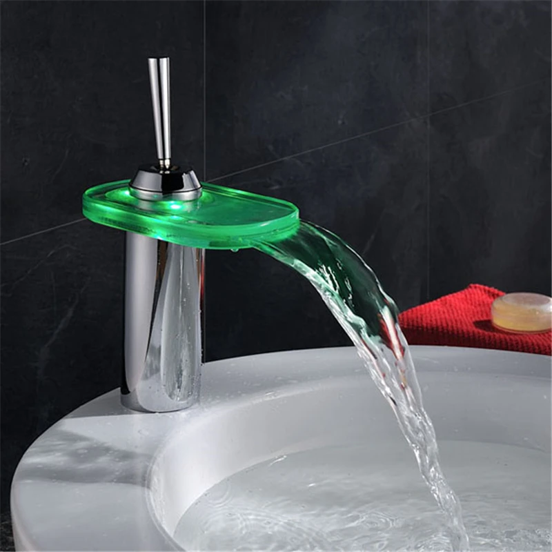 

3 Colors Changed led faucet.Temperature Sensor Water-Powered led Tap.Bathroom Deck Mounted Waterfall Basin Sink Mixer Tap