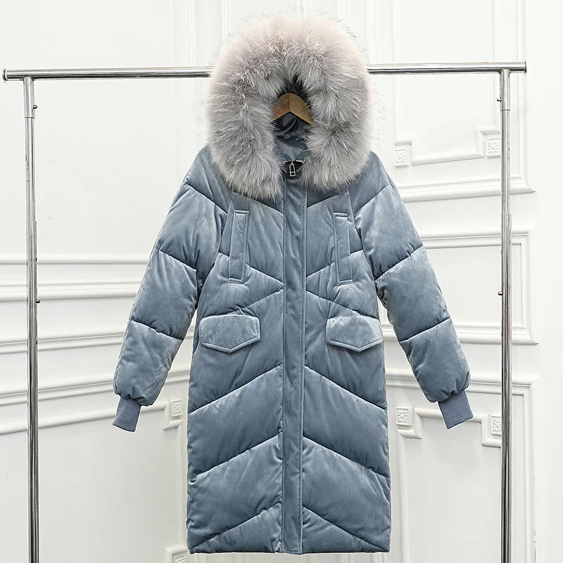 

OLGITUM Winter Women Gold Velvet Female Jacket For Women Slim Hooded Coat Long Parka Big Fur Collar Thick Warm Women Outwear