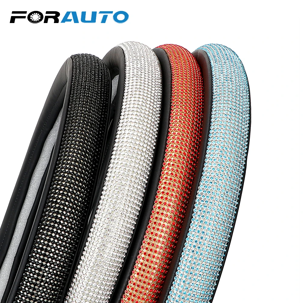 

FORAUTO 38cm Car Steering Wheel Cover Leather and Crystal Steering-Wheel Covers Interior Accessories Universal Car Styling
