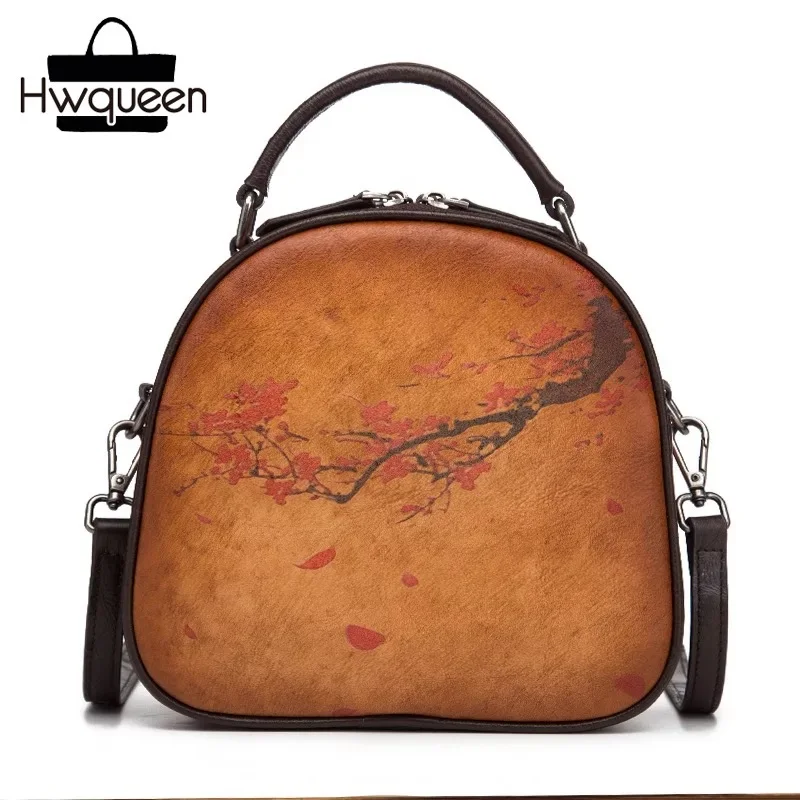 

Vintage Floral Printed Designer Genuine Leather Female Shell Purse Women Small Handbag Real Cowhide Lady Shoulder Messenger Bag
