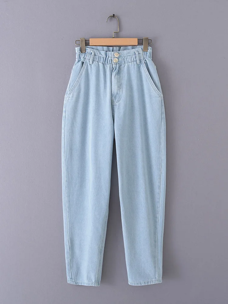 

BIAORUINA Women Blue Denim Pant Female Elastic High Waist Fashion Pant Two Buttons Zippers Pockets Casual All-match Trousers