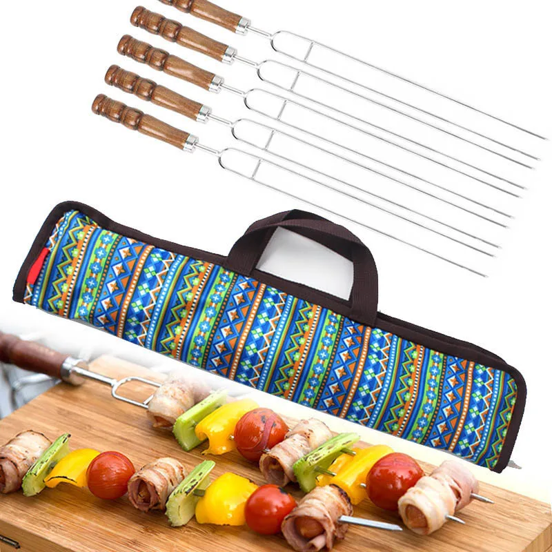 

5 Pcs/Set BBQ Forks Stainless Steel Wood Handle Meat Skewer Tool for Travel Camping Barbecue Picnic XB 66
