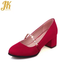 J&K 2017 Big Size 33-43 Elegant Bead Strap Women’s Pumps Shallow Boat Shoes Slip on Thick Heeled Nubuck Round toe Women’s Shoes