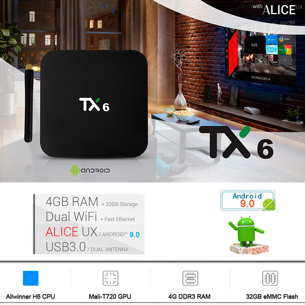 

TX6 TV Box Allwinner H6 4GB DDR3 32GB EMMC 2.4GHz 5GHz WiFi Support 4K 1080p Bluetooth 5.0 WIFI Android 9.0 Media Player