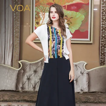 

VOA Heavy Silk Print T Shirt Casual Tee Women Tops Plus Size 5XL Bat Short Sleeve Summer Irregular Pullover Casual Comfort B327