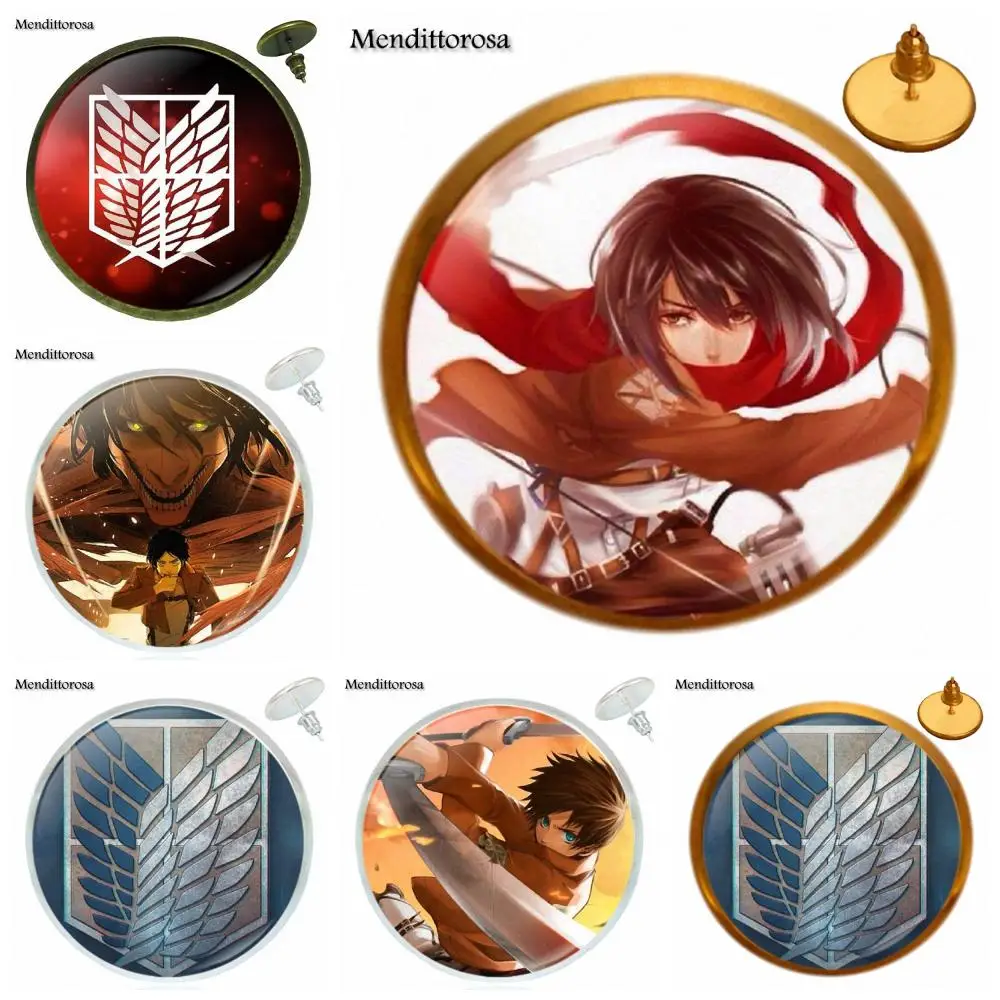 Аниме атака на титанов для девочек, Ретро стиль, ювелирное изделие с покрытием из стекла, кабошон, бронза/серебро/золото, клипсы, серьги-гвоздики