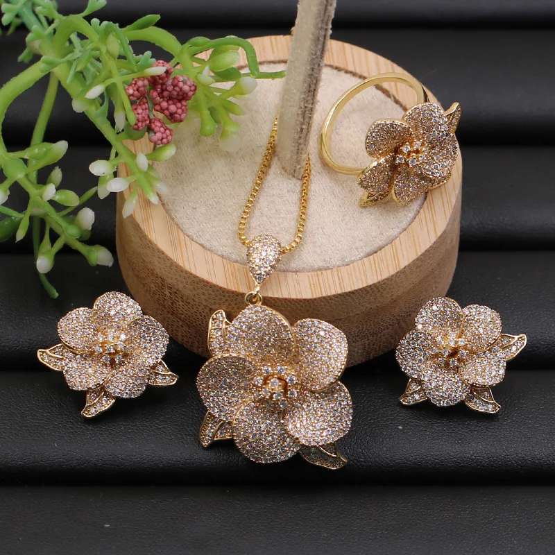 Lanyika комплект ювелирных изделий классический цветок с листом микро проложили ожерелье с серьгами и кольцом юбилей обручение роскошные подарки