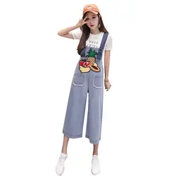 Корейский стиль вышивка свободные женские джинсовые комбинезоны 2018 Лето Новая мода Высокая талия широкие брюки комбинезон женский боди gx742