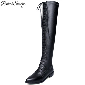 

BuonoScarpe Lace Up Women Long Boots Cross Tied Over The Knee Black Motorcycle Boots Low Heels Genuine Leather Sexy Party Botas