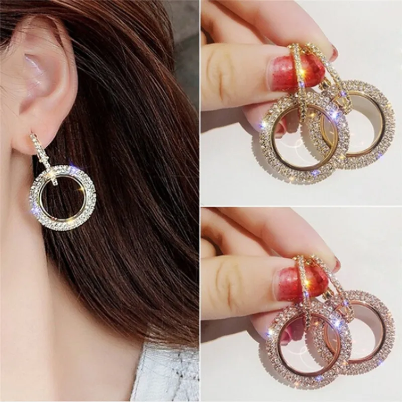1 Pair Rhinestone Elegant Fashion Luxury Two Round Crystal Drop Dangle