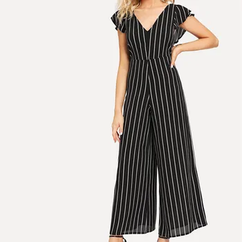 

Boho Striped Women Jumpsuit Summer Cropped Ruffle Long Playsuit Two-Piece Suit Deep V Neck Sexy Jumpsuit Overalls