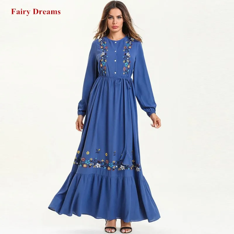 

Women Muslim Abaya Dubai Turkey Bandage Maxi Dress Blue Embroidery Kaftan Turkish Islamic Plus Size Clothing Bangladesh Robe