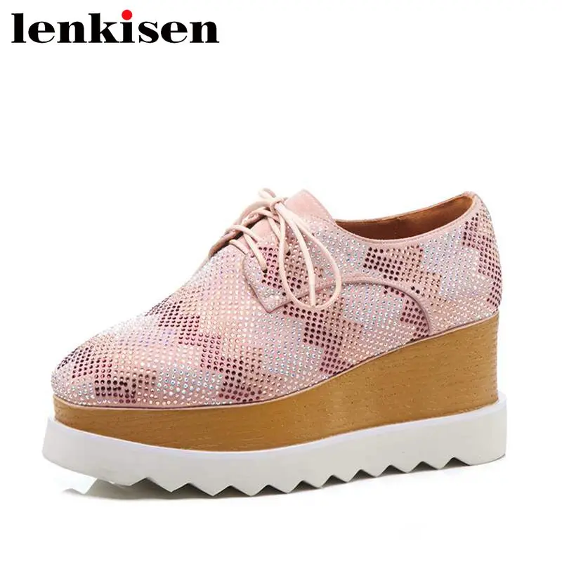 

Lenkisen large size colorful crystals lace up square toe high bottom wedges heels waterproof women autumn winter cozy pumps L36