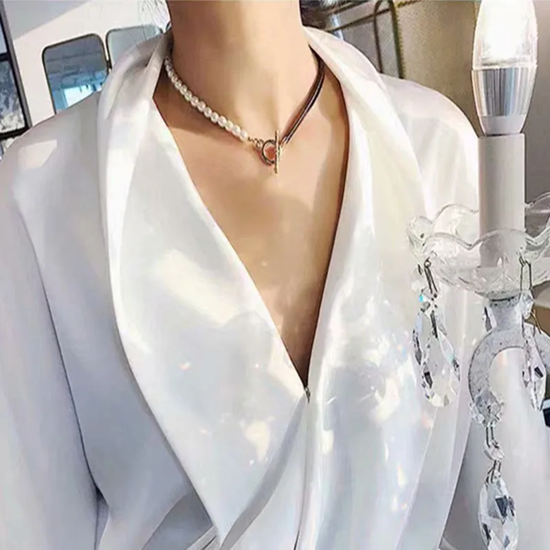 

Luxury Design Imitation Pearl Chokers Necklace Women Crystal Rhinestone Necklace Statement Leather Collier Gold Color Jewelry