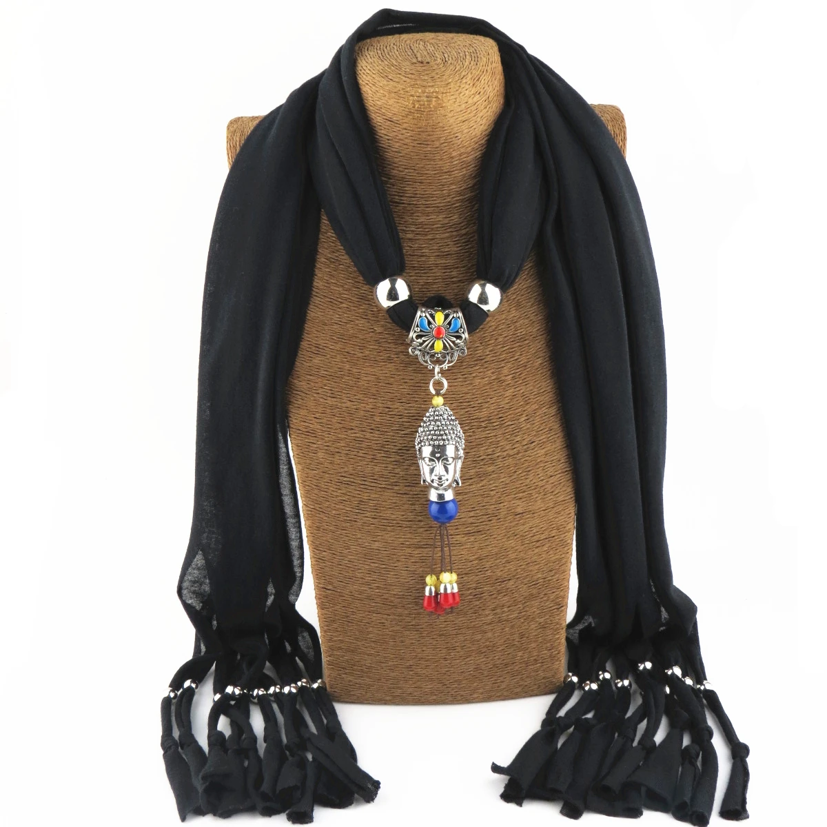 Чистый цвет Мода кисточкой дизайн платок шарф ювелирные изделия Будда ожерелье с подвеской в форме головы
