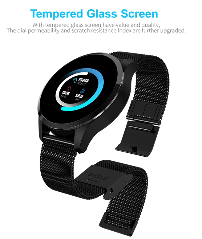 Q9 Steel Tempered Glass Round Screen Smart Watch with Heart Rate Monitor IP67 Waterproof Smart Bracelet