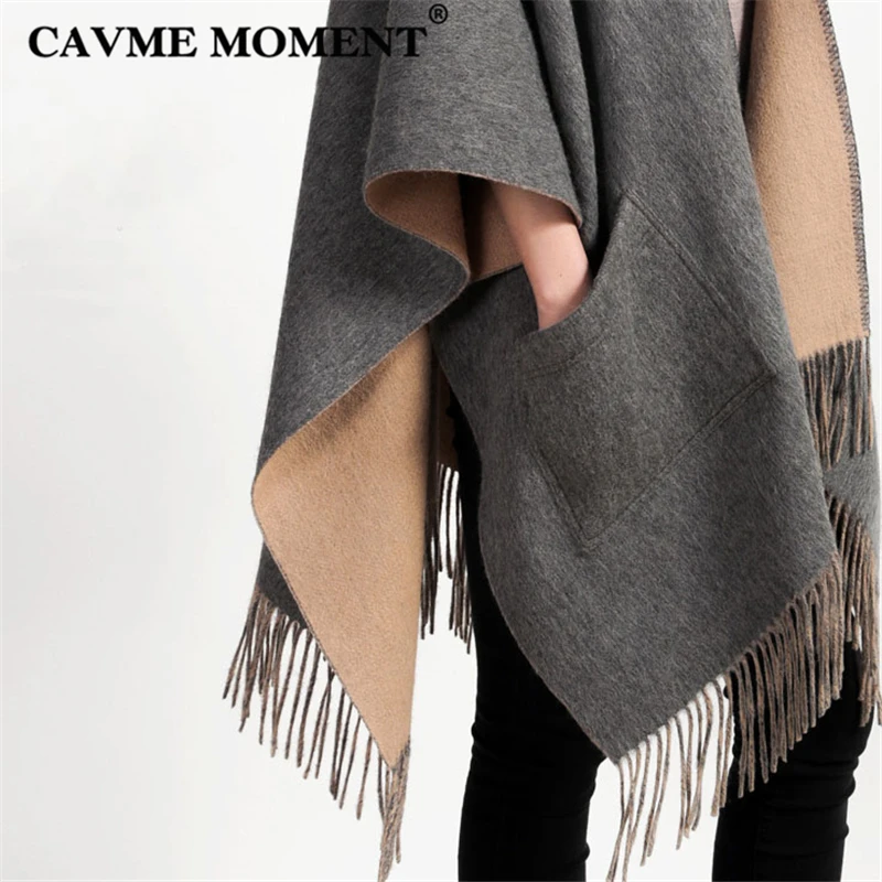Кавме шерстяной шарф пончо пашмины женский серый сплошной цвет Ларге шарфы с карманом для дамские шали 175*120 см 590 г