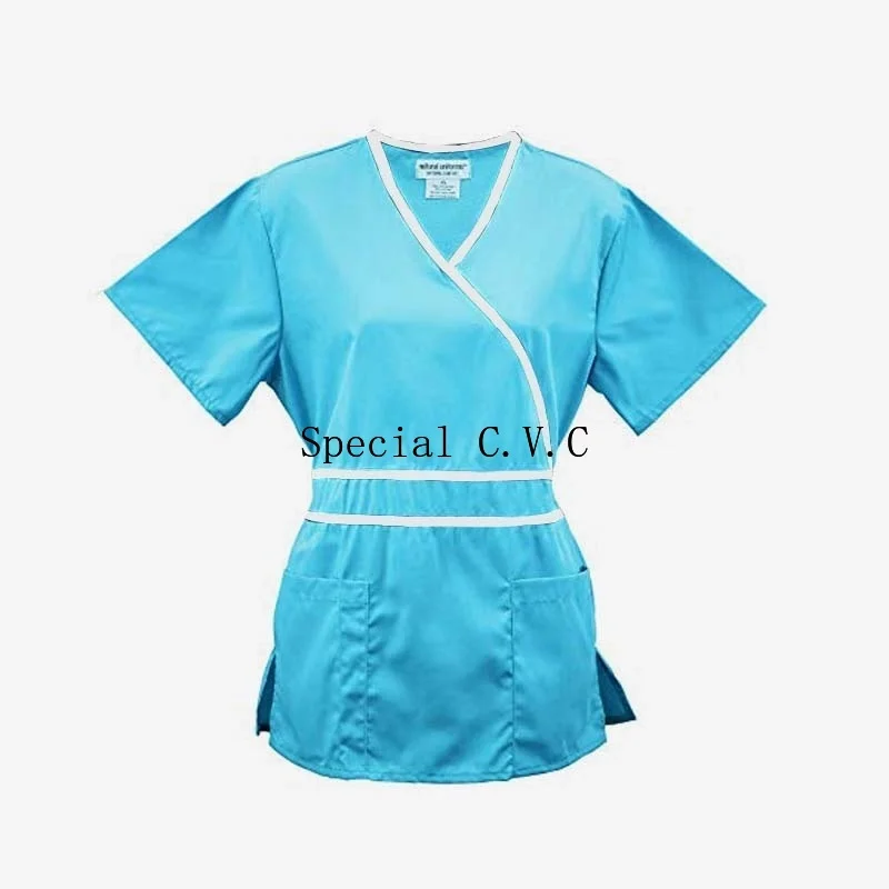 Women's Medical Uniforms Scrub Top Mock Wrap Shirt with Adjustable Waist and Back Tie Pharmacy Clinic Uniforms(Just A Top)