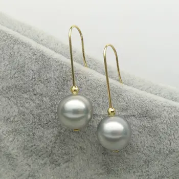 

10-10.5mm Natural Color Real Tahitian Pearl Hook Drop Earrings 14k Yellow Gold