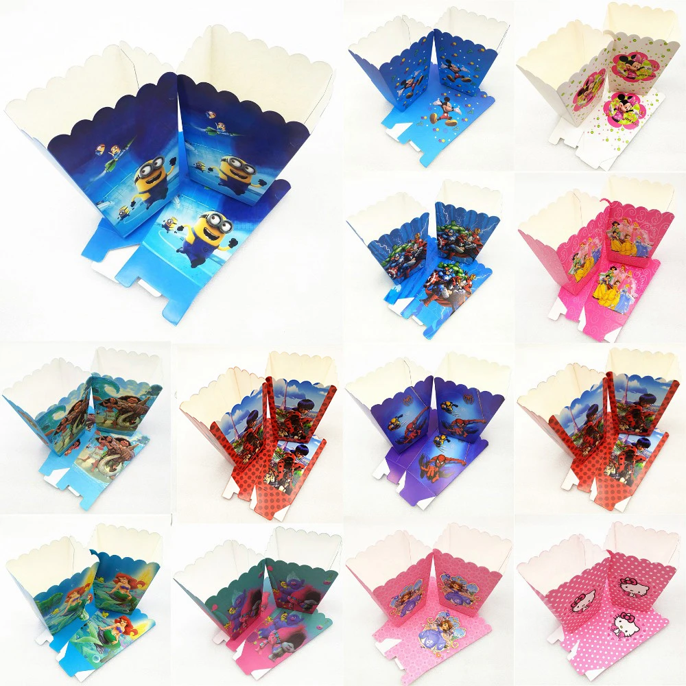 

6pcs/set Spiderman Ladybug Troll Minion Moana Mickey Minnie Mouse Sofia Princesses Popcorn Box Party Supplies Decoration Favor
