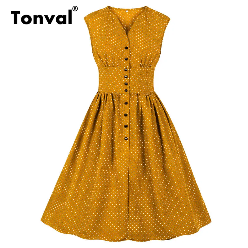 

Tonval Yellow Single Breasted Sleeveless Polka Dot Casual Dress Thin Fabric for Summer Women V-Neck High Waist Vintage Dress