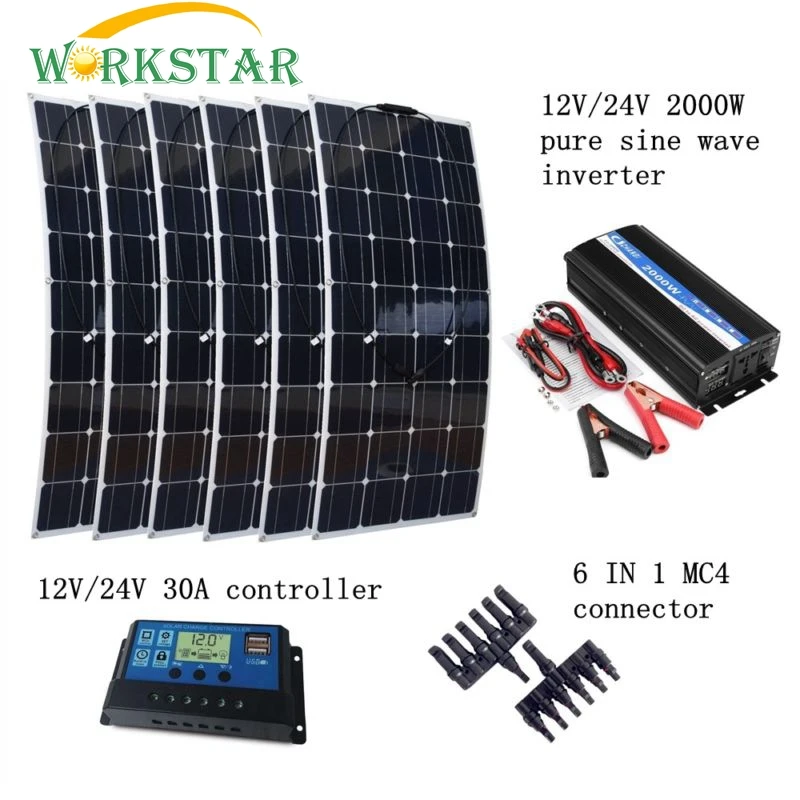 

6*100W Flexible Solar Panel Module +Peak 2000W Inverter + 12V/24V 30A Controller with Extended Cables Houseuse 600W Solar System