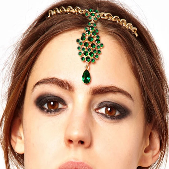 Teardrop Emeral Crystal Bindi Hair Clip Pins For Women Chain Tikka