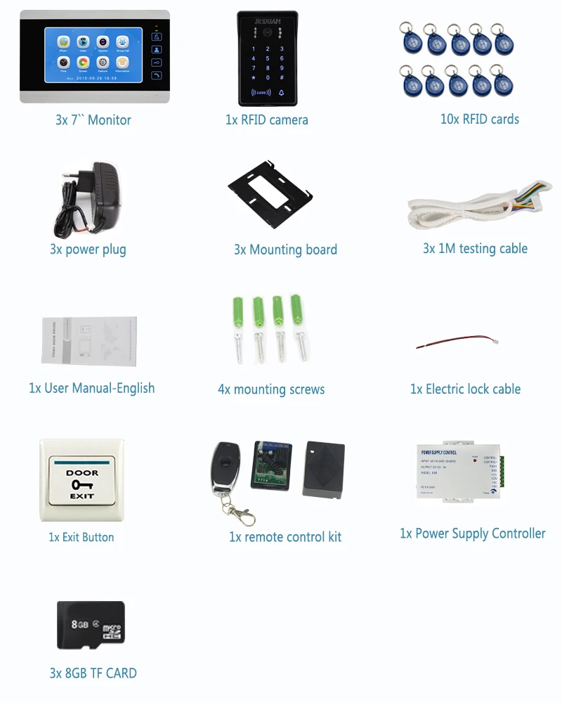 JERUAN 7 дюймов ЖК-дисплей Цвет видео дверной звонок Запись домофон Системы комплект Водонепроницаемый Пароль RFID Вступление доступа Камера