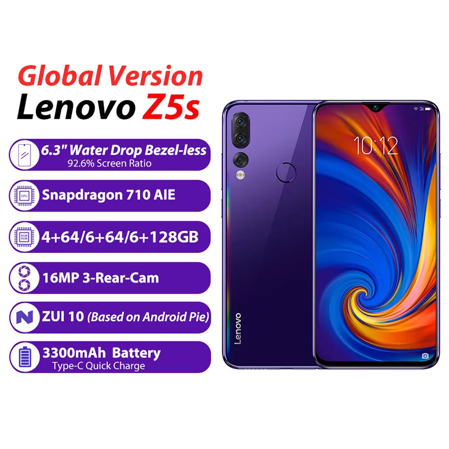 Lenovo Z5s Face ID Нотч экран 6 3 ''Android P смартфон ГБ 64 Гб Тройная задняя камера Snapdragon 710