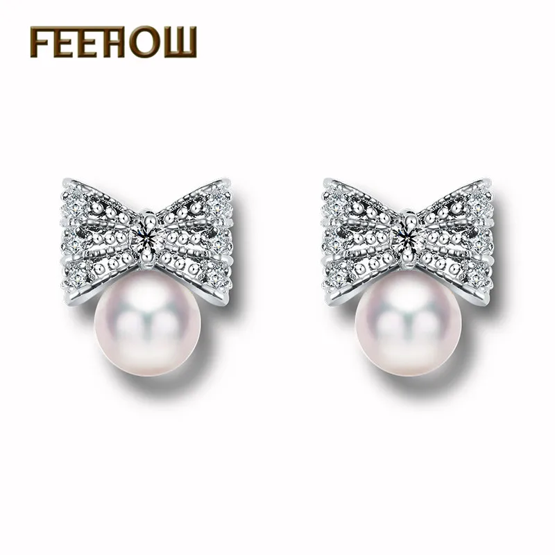 

Fashion Women Small Earrings Platinum Plated Bowknot Shape Micro Zircon & Shell Pearl Stud Earrings
