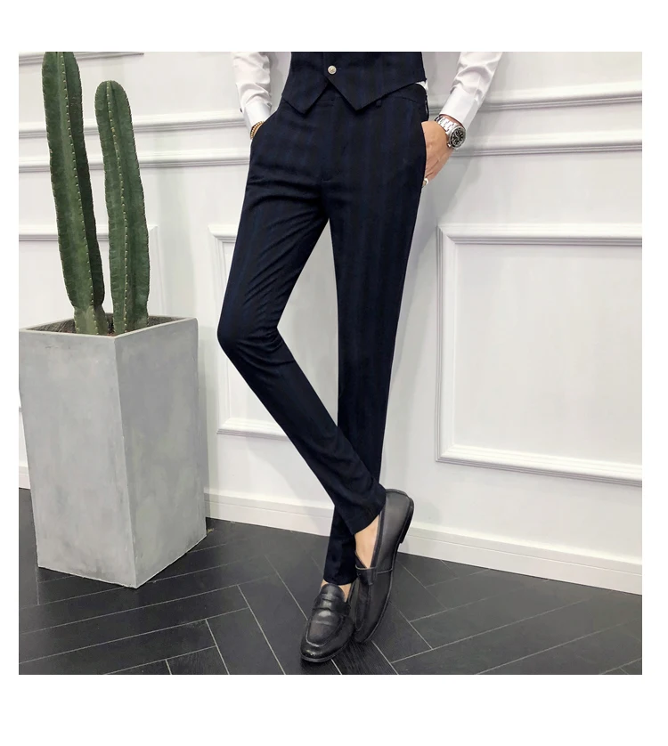 Классические мужские полосатые брюки Черные Серые тонкие элегантные Молодежные мужские деловые брюки для свадьбы банкета