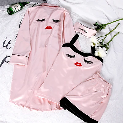 Пижамные комплекты из 4 предметов, пижамы для женщин, пижамы, Женская атласная пижама, новая модная Пижама, женская шелковая Элегантная пижама для сна и отдыха - Цвет: Розовый
