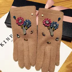 2017 Роскошные брендовые Для женщин Зимняя шерстяная одежда перчатки Красочные Хрустальный цветок элегантный кашемир женские перчатки