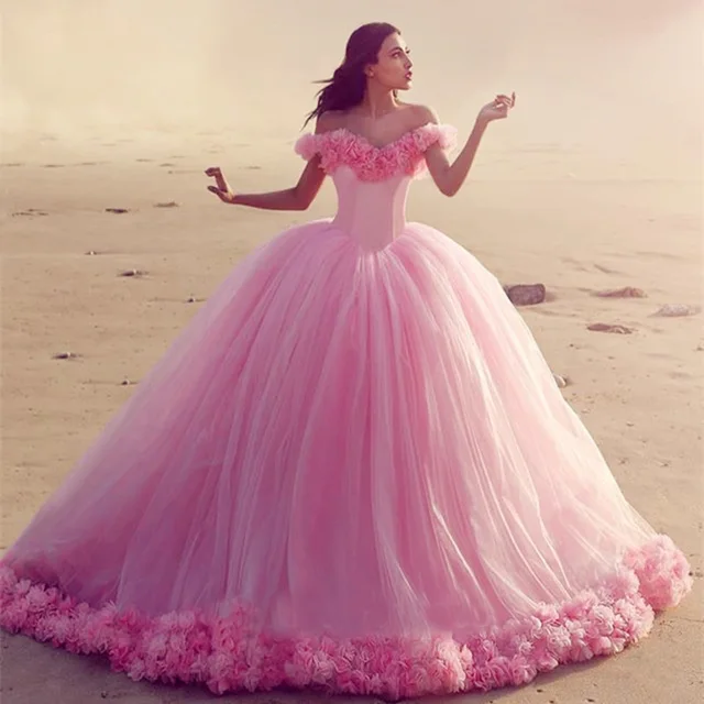 Elegant Off Shoulder Pink Wedding Dresses 2017 Fl Edge Tulle Elegant Off Shoulder Pink Wedding Dresses 2017 Fl Edge Tulle Ball Gown Court Train Women Bride