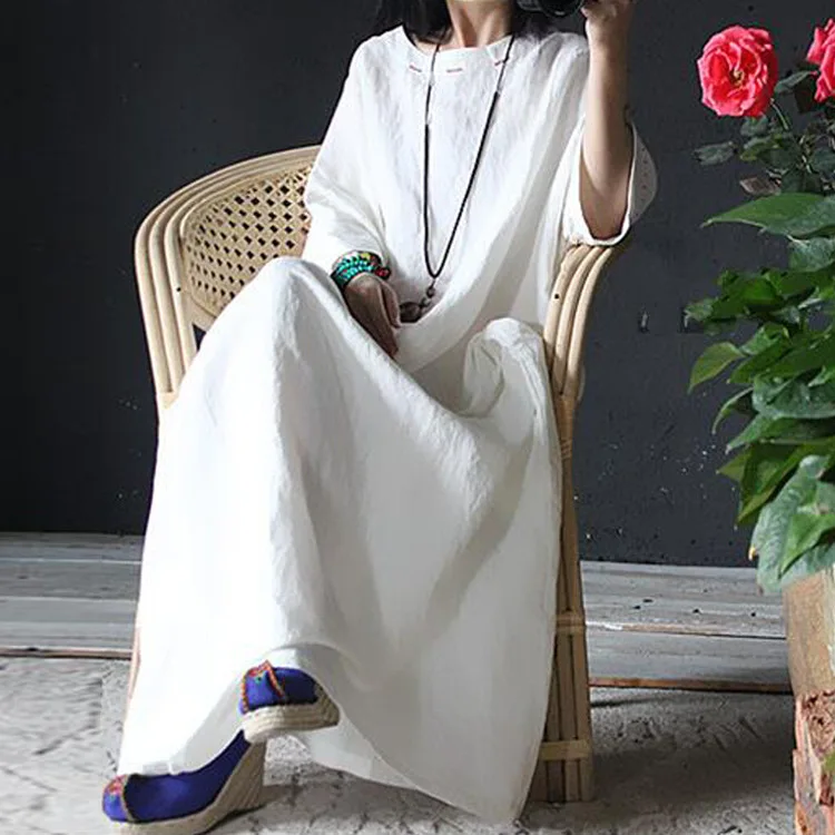 

Women Plus Size Cotton Linen Dress Ladies Retro Bat Sleeve Dresses Robes Female Cotton Flax Vintage Summer Autumn Big Size Dress