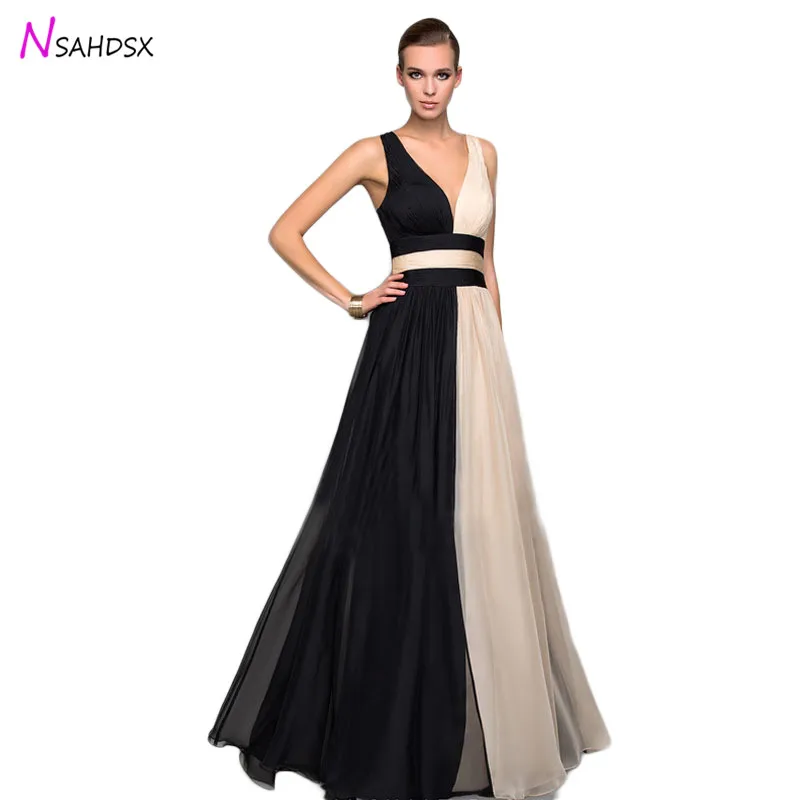 

Women High End Chiffon Dress Belt V-Neck Sleeveless Colourblock Evening long dress Ceremony Floor-Length 2018Vestidos De Fiesta