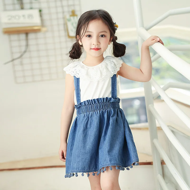 

Girls Summer Suit 2018 New Korean Children Summer Dress Kid Two-piece Set Baby Shirt Jeans Dress Toddler Overall Dress Set,#2714