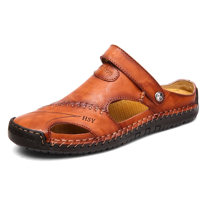 Новинка; Классические летние мужские сандалии; кожаные повседневные пляжные мужские сандалии; высококачественные сандалии; шлепанцы в богемном стиле; большие размеры 38-48 - Цвет: Red-brown