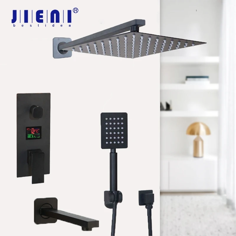

JIENI Black Rainfall Shower Head 2-ways Digital Display Mixer Taps Bathroom Shower Faucet 3-Functions Digital Shower Faucets Set