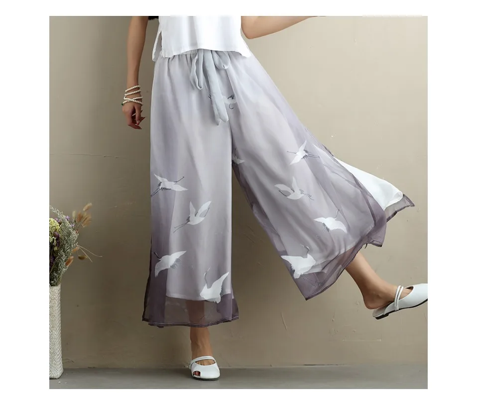 Ethnic style Hanfu Women Chiffon Trousers lady Casual Pants vintage Loose Plus size Ankle-Length Wide leg Pants capris