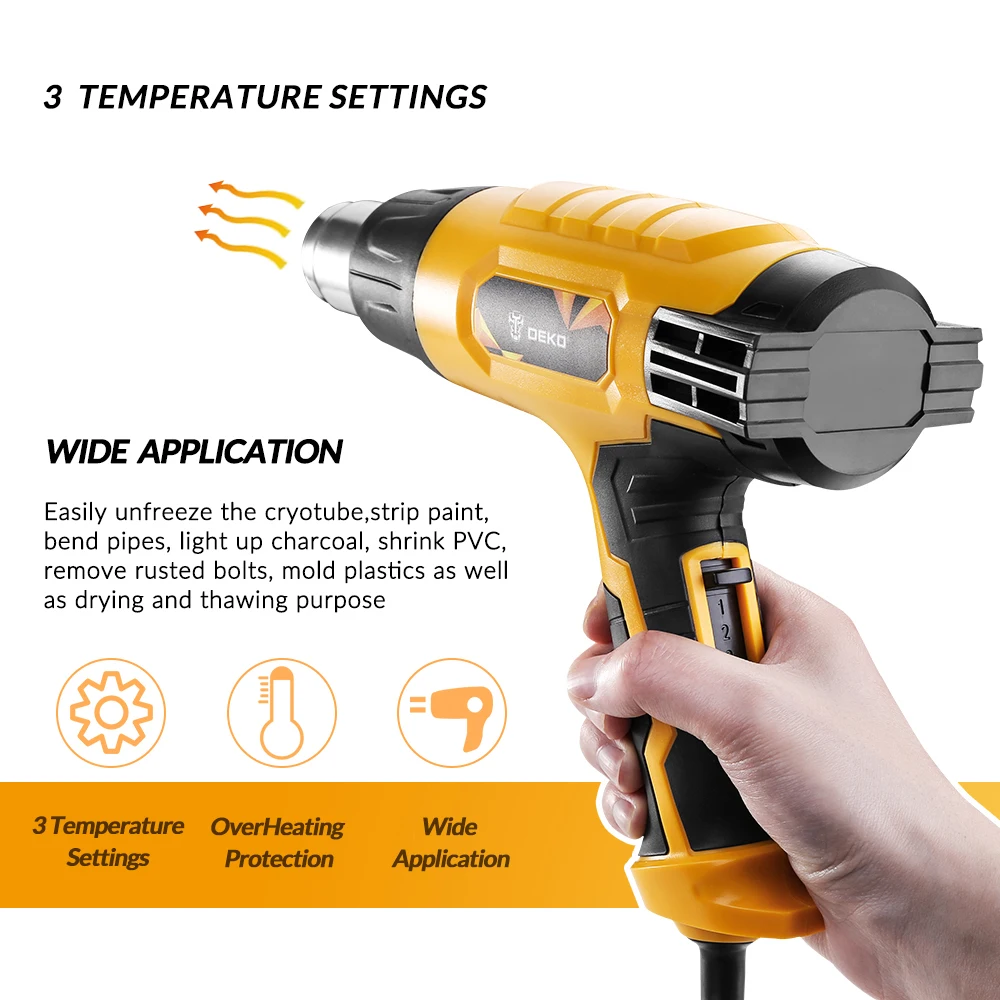 DEKO DKHG02 220V Heat Gun 3 Adjustable Temperature 2000W Advanced Electric Hot Air Gun with Four Nozzle Attachments Power Tool DEKO DKHG02 220V Heat Gun 3 Adjustable Temperature 2000W Advanced Electric Hot Air Gun with Four Nozzle Attachments Power Tool