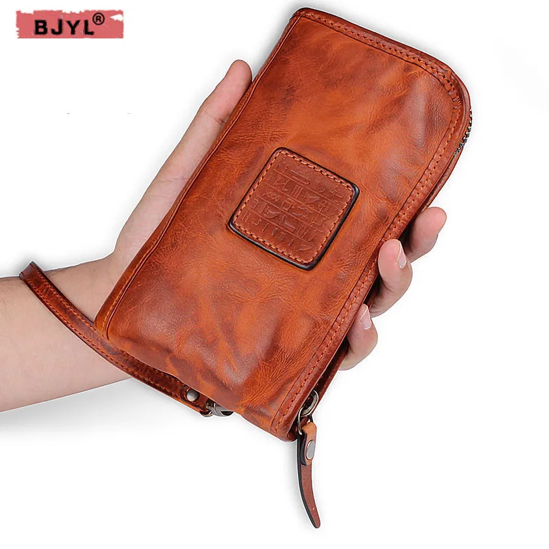 

BJYL Original design retro Genuine leather Men long wallet fold multi-card zipper handbag handmade Vintage Brown leather wallets