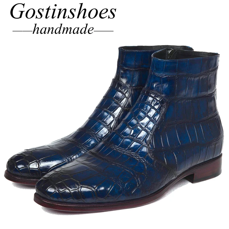 

GOSTINSHOES HANDMADE Goodyear Welted Luxury Blue Genuine Crocodile Skin Men Boots Slip-On Pointed Work Safty Ankle Boots SCF20